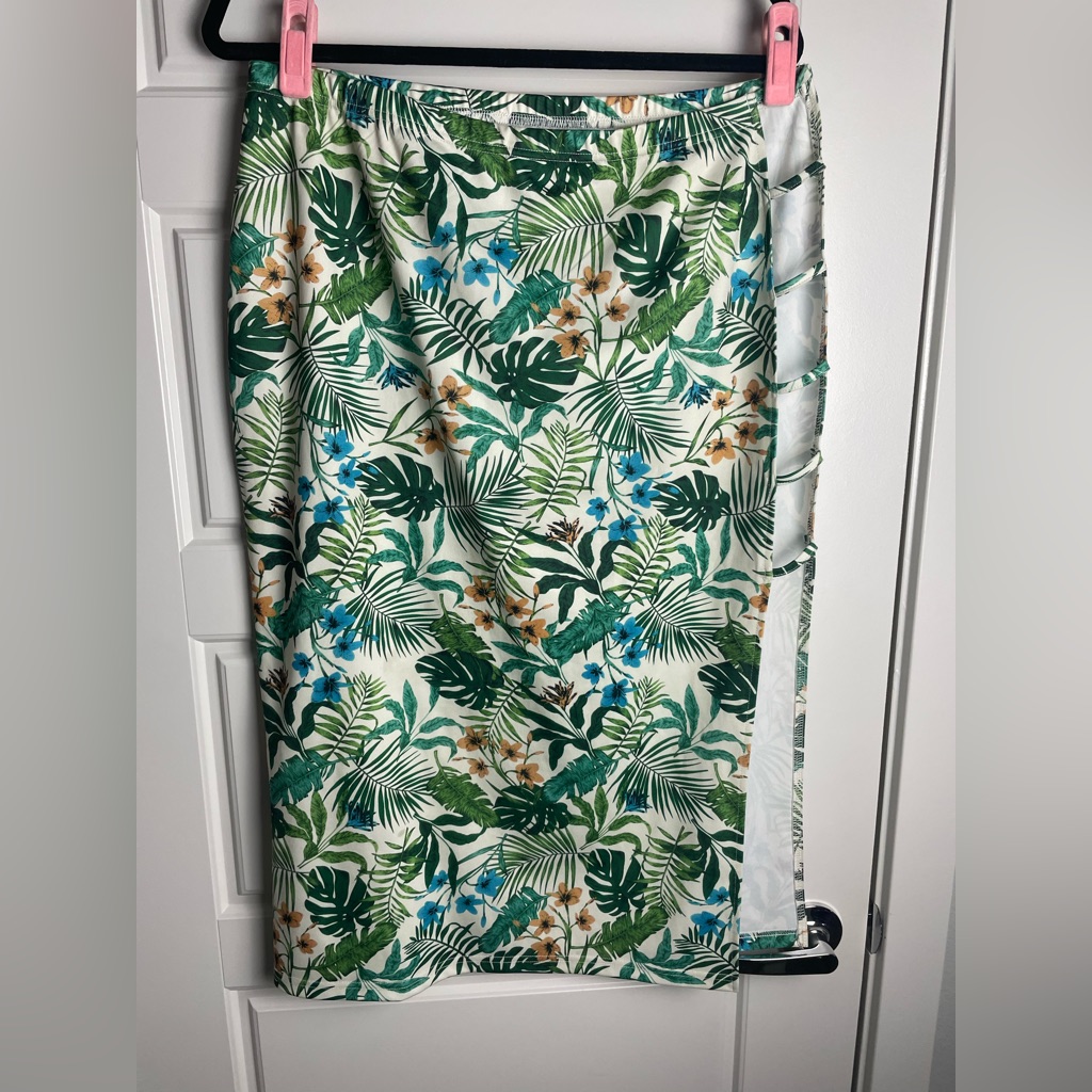 Shein Curve Tropical Floral Pencil Skirt 2xl Stretch Cut Out Slit